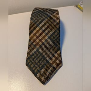 Lands' End Men's Silk Plaid Houndstooth Tie Hand Sewn Made in USA Earth Tones